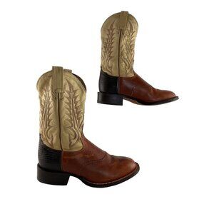 Men's Tony Lama Beige & Brown Leather Round Toe Western Boots Size 8.5 D